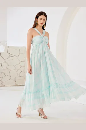 milanoo.com Abito lungo a trapezio con stampa scozzese blu scollo all\\