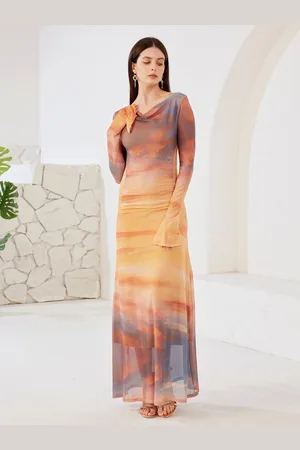 milanoo.com Vestito lungo stampato al tramonto con scollo a cappuccio maniche lunghe elegante abito lungo da spiaggia per le donne 2025