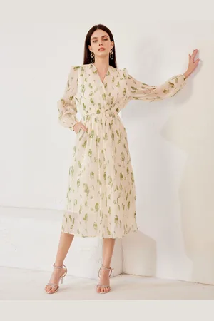 milanoo.com Abito floreale con scollo a V e maniche a lanterna estivo a trapezio midi per donna 2025