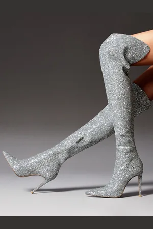 milanoo.com Stivali alti fino alla coscia con glitter stivali sopra il ginocchio con punta argentata e tacco alto