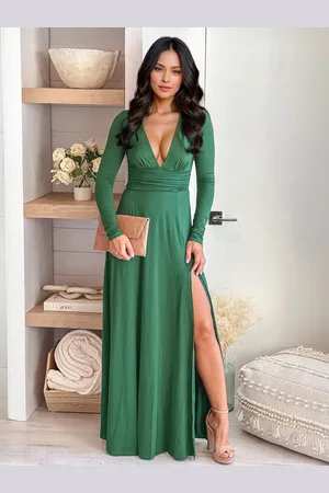 milanoo.com Maxi abito da festa scollo a V maniche lunghe spacco alto abito lungo semi-formale per le donne 2025