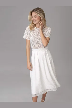 milanoo.com Mini abito da sposa Abito da sposa corto Pizzo Ritagliato Scollo gioiello Abito da sposa lunghezza tè Bottoni funzionali Maniche corte Avorio
