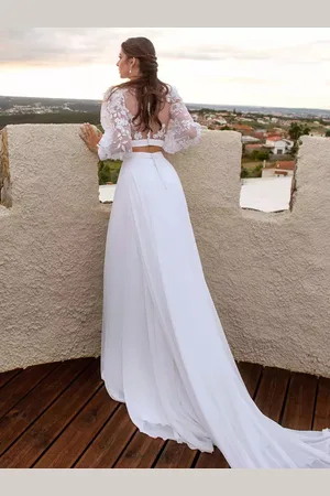 milanoo.com Abito da sposa in due pezzi con scollo gioiello in chiffon e pizzo abito da sposa in due pezzi con strascico bottoni funzionali maniche lunghe lungo 40 cm avorio