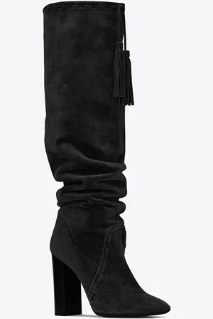 milanoo.com Stivali alti mandorla pelle scamosciata micro Stivali al ginocchio Stivali tacco largo 12cm monocolore Inverno casuale chic & moderna