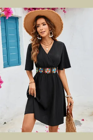 milanoo.com Abito midi con scollo a V e plissettato estivo per donna 2025