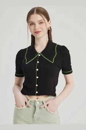 milanoo.com Top corto a maniche corte in maglia polo a contrasto per donna 2025