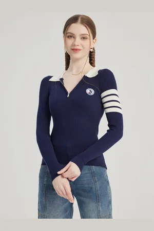 milanoo.com Elegante polo blu navy in maglia con stemma per cane manica lunga primaverile per donna 2025