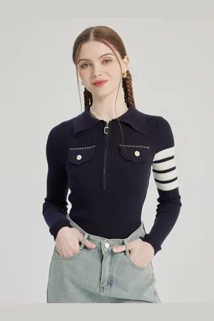 milanoo.com Polo blu navy in maglia a righe a maniche lunghe primaverile per donna 2025