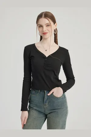 milanoo.com Maglietta nera con scollo a V e maniche lunghe primaverile per donna 2025