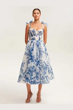 milanoo.com Abito corsetto azzurro cielo con spalline annodate floreale linea ad A elegante da festa ballo di fine anno midi