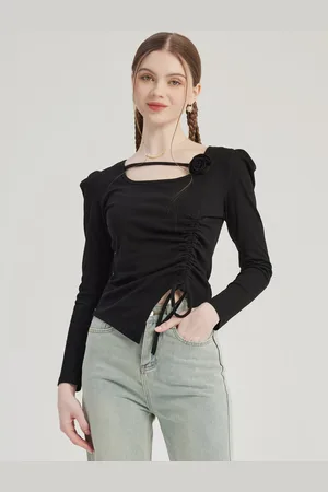 milanoo.com T-shirt nera plissettata irregolare con fiori 3D maniche lunghe primaverile per donna 2025