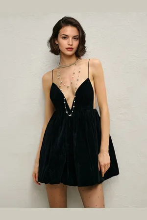 milanoo.com Mini abito in velluto con scollo a V senza schienale spalline sottili abito da festa a trapezio per donna 2025