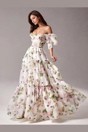 milanoo.com Abito da festa floreale con spalle scoperte a strati linea ad A elegante da ballo maxi folclore