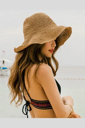 milanoo.com Cappello estivo in paglia intrecciata per donna protezione solare cappello da spiaggia pieghevole 2025
