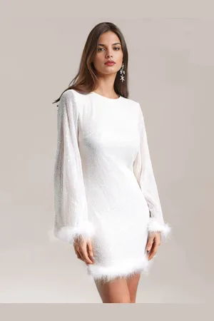 milanoo.com Mini abito bianco con piume e paillettes senza schienale abiti da festa di compleanno
