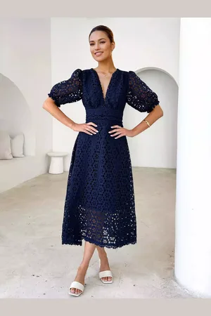 milanoo.com Abito in pizzo con scollo a V e maniche a sbuffo abito midi a trapezio per donna 2025