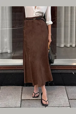 milanoo.com Elegante gonna lunga in pelle scamosciata a trapezio per donna 2025
