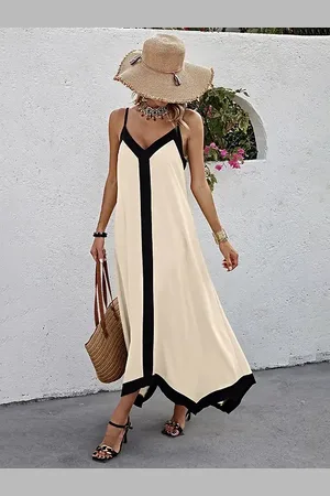 milanoo.com Abito lungo da spiaggia con scollo a V e finiture a contrasto nere per donna 2025
