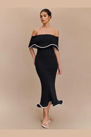 milanoo.com Abito sirena con spalle scoperte e finiture a contrasto elegante abito midi per donna 2025