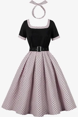 milanoo.com Abito midi a trapezio a pois con fascia per capelli scollatura quadrata abito vintage per donna 2025