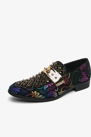 milanoo.com Mocassini da uomo con rivetti stampa a giunture in pelle scamosciata scarpe penny punta tonda tacchi bassi scarpe da ballo