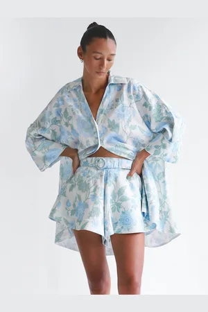 milanoo.com Completo due pezzi floreale blu con camicia e pantaloncini con cintura completo estivo per donna 2025