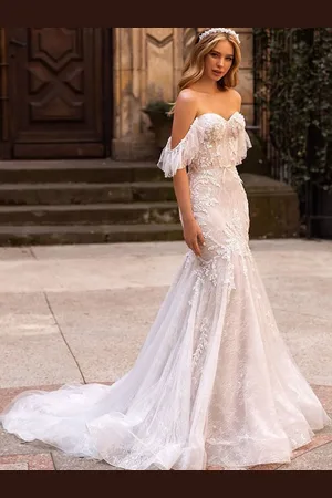 milanoo.com Abito da sposa a sirena abito in pizzo scollo a cuore vita naturale pizzo con strascico abiti da sposa
