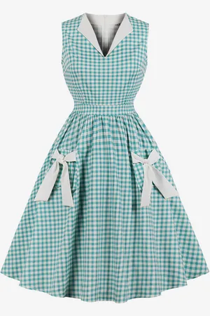 milanoo.com Abito midi a trapezio a quadretti con fiocco senza maniche scollo a V vintage per donna 2025