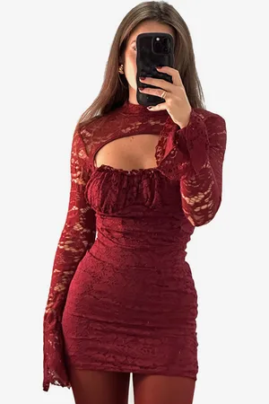 milanoo.com Sexy abito in pizzo con collo alto e maniche svasate mini abito aderente per le donne 2025