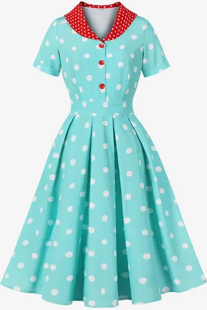 milanoo.com Abito retrò a pois verdi manica corta vintage ispirato abito midi a trapezio per donna 2025