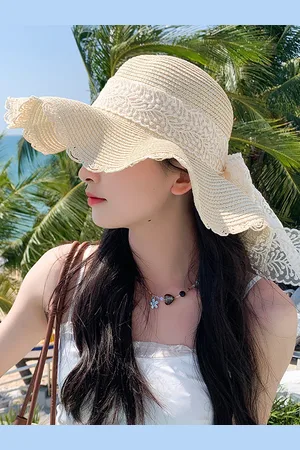milanoo.com Cappello di paglia a tesa larga con fiocco in pizzo estivo traspirante protezione solare cappello da spiaggia 2025