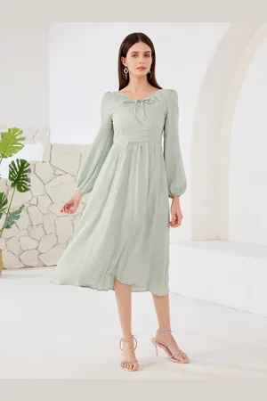 milanoo.com Abito midi a maniche lunghe con scollo a V e abito da spiaggia a trapezio per donna 2025