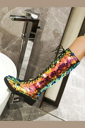 milanoo.com Stivali alti al ginocchio con paillettes allacciati punta tonda stivali piatti per donna