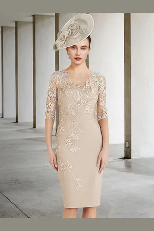 milanoo.com Abito da festa per la madre della sposa collo gioiello mezze maniche guaina abiti da sposa in pizzo personalizzazione gratuita