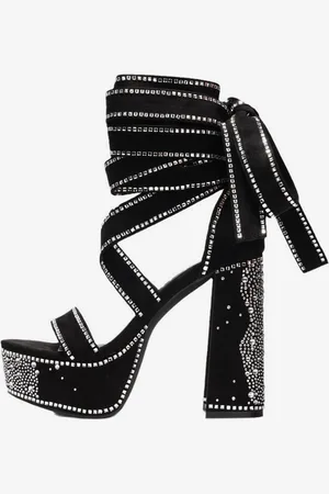 milanoo.com Sandali neri con tacco alto plateau punta aperta strass lacci scarpe da festa