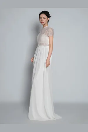 milanoo.com Abito da sposa in due pezzi color avorio con scollo a barchetta in pizzo e abito da sposa a maniche corte