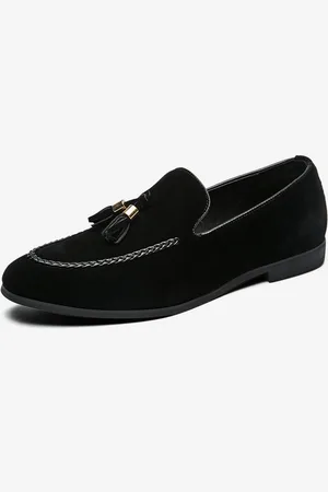 milanoo.com Mocassini da uomo in pelle scamosciata con nappe e punta tonda tacco basso a blocco scarpe da uomo