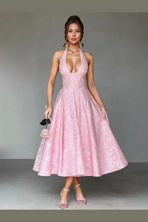 milanoo.com Abito midi floreale rosa con scollo a V estivo a trapezio vintage per donna 2025