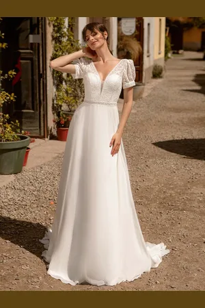 milanoo.com Abito da sposa boho in pizzo a trapezio con strascico vita naturale bottoni funzionali maniche corte scollo a V