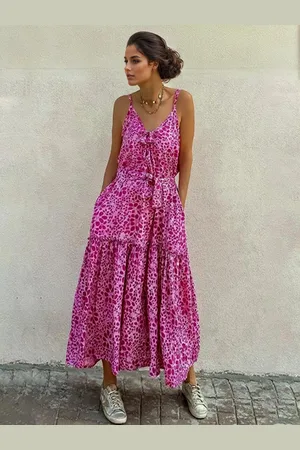 milanoo.com Abito lungo floreale con cintura e scollo a V abito estivo sottoveste per donna 2025
