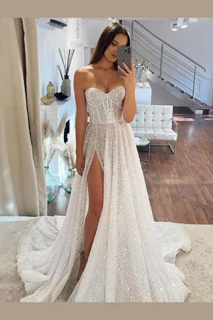 milanoo.com Abito da sposa senza spalline con paillettes gonna con spacco posteriore allacciato e strascico