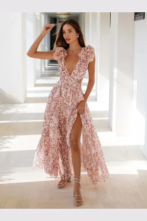 milanoo.com Abito lungo con fiori svolazzanti scollo a V spacco alto senza schienale boho