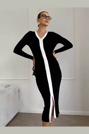 milanoo.com Abito in maglia color block con scollo a V manica lunga midi spacco per donna 2025
