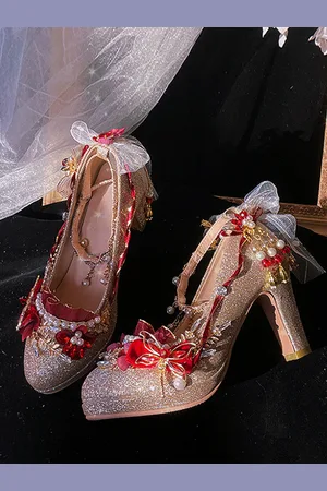 milanoo.com Abito da sposa Lolita Calzature Lolita Blocco di colore Perle Catene Fiori Punta rotonda PU Pelle Lolita Pumps