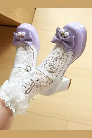 milanoo.com Scarpe Lolita Sweet Lolita Calzature Viola Color Block Perle Fiocchi Punta Rotonda Scarpe Lolita in Pelle PU