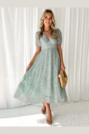 milanoo.com Abito midi floreale con scollo a V e maniche a sbuffo per donna 2025