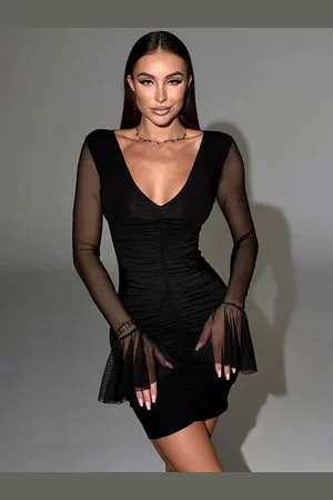 milanoo.com Abito aderente con scollo a V e maniche lunghe trasparenti mini abito plissettato per donna 2025