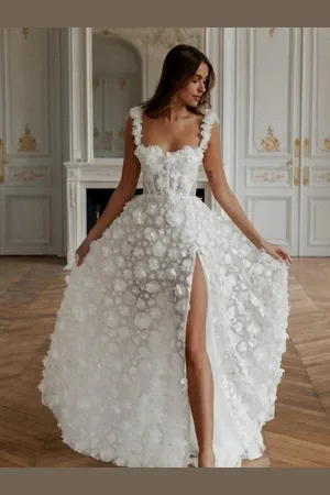 milanoo.com Abito da sposa a trapezio senza maniche in pizzo con scollatura a V