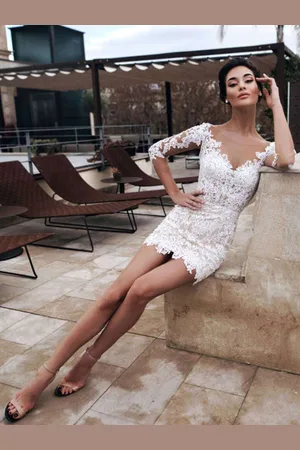 milanoo.com Abiti da sposa corti scollatura a trapezio maniche a 3/4 tubino corto