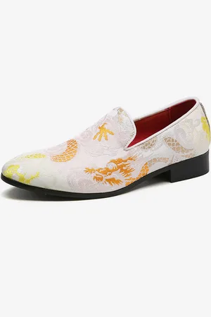 milanoo.com Mocassini da uomo ricamati in stile cinese con stampa Loong scarpe da fumo slip-on punta affilata tacco basso scarpe penny